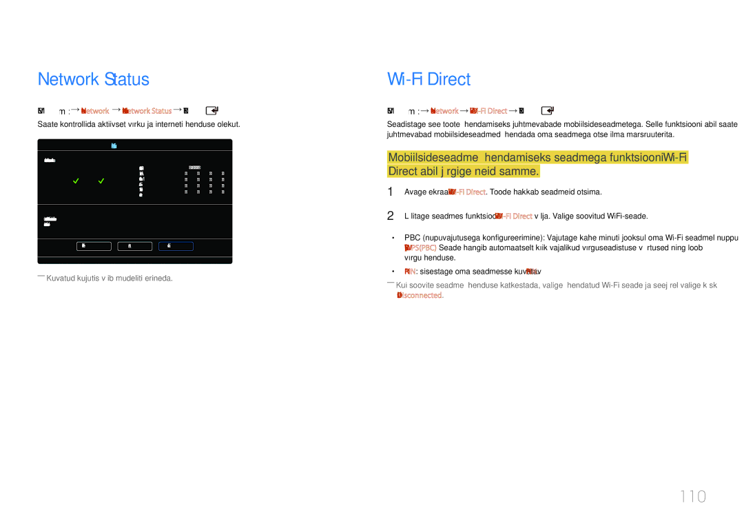 Samsung LH46UDCPLBB/EN manual 110, Menu m Network Network Status Enter, Menu m Network Wi-Fi Direct Enter 