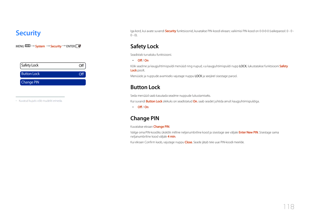 Samsung LH46UDCPLBB/EN manual Security, 118, Safety Lock, Button Lock, Change PIN 