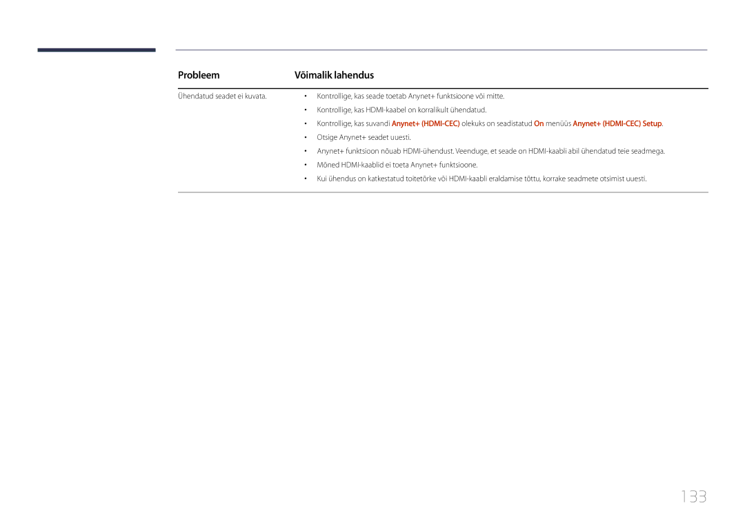 Samsung LH46UDCPLBB/EN manual 133, Otsige Anynet+ seadet uuesti, Mõned HDMI-kaablid ei toeta Anynet+ funktsioone 