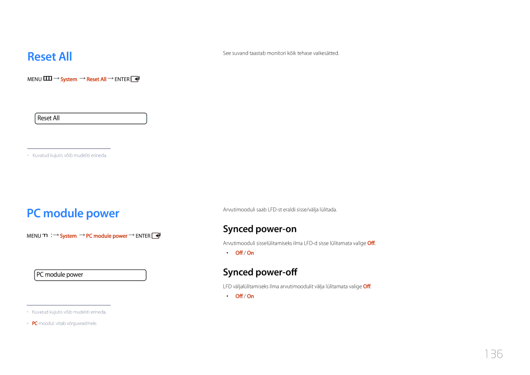 Samsung LH46UDCPLBB/EN manual Reset All, PC module power, 136, Synced power-on, Synced power-off 