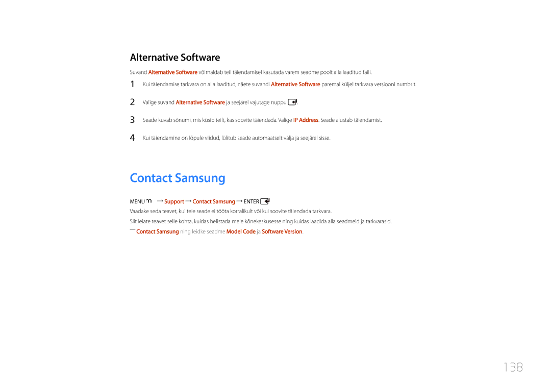 Samsung LH46UDCPLBB/EN manual 138, Alternative Software, Menu m Support Contact Samsung Enter 