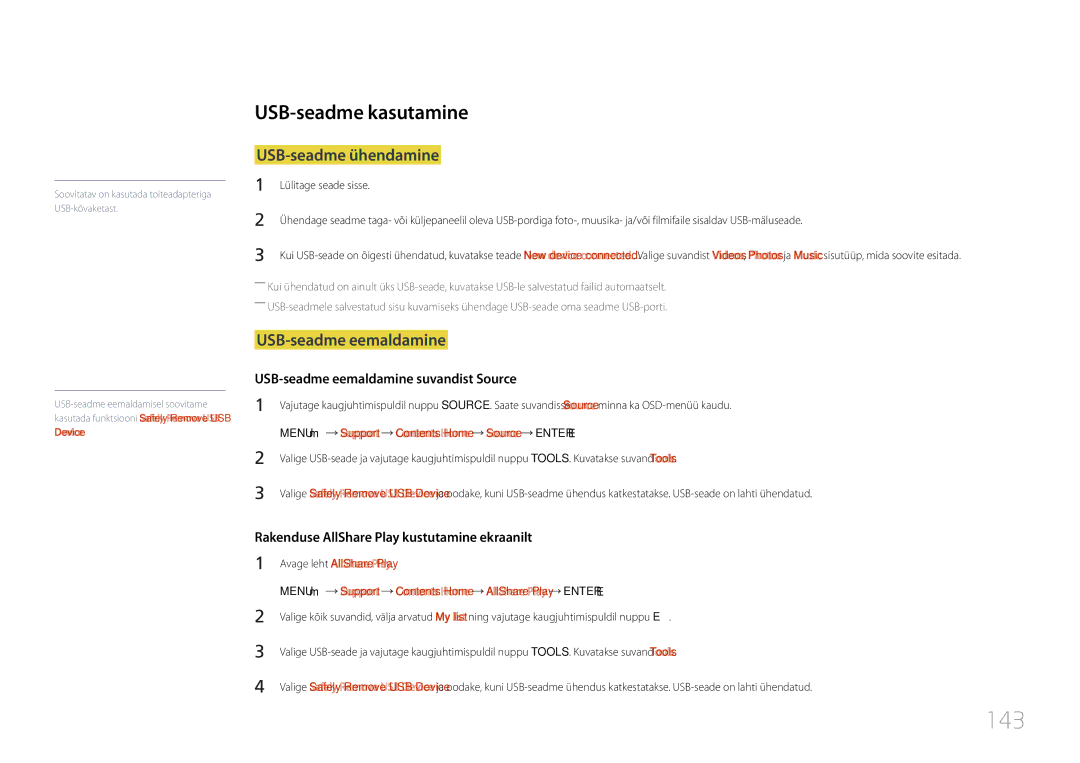 Samsung LH46UDCPLBB/EN manual 143, USB-seadme kasutamine, USB-seadme ühendamine, USB-seadme eemaldamine 