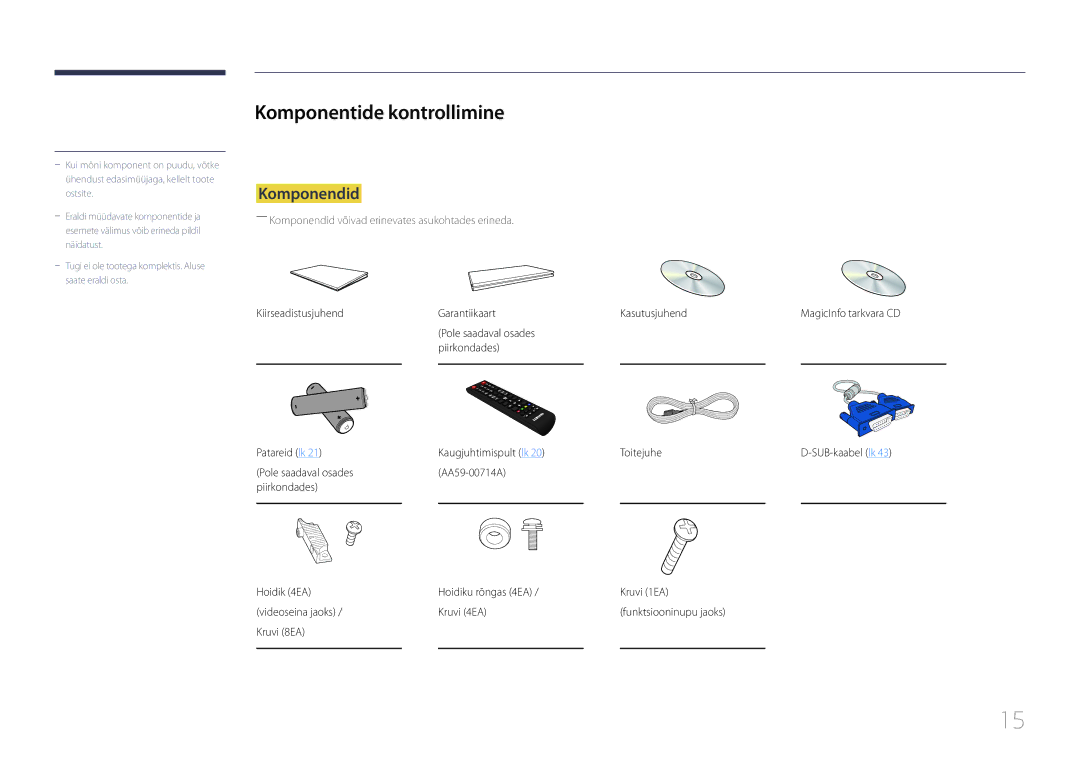 Samsung LH46UDCPLBB/EN manual Komponentide kontrollimine, Komponendid, Garantiikaart Kasutusjuhend 