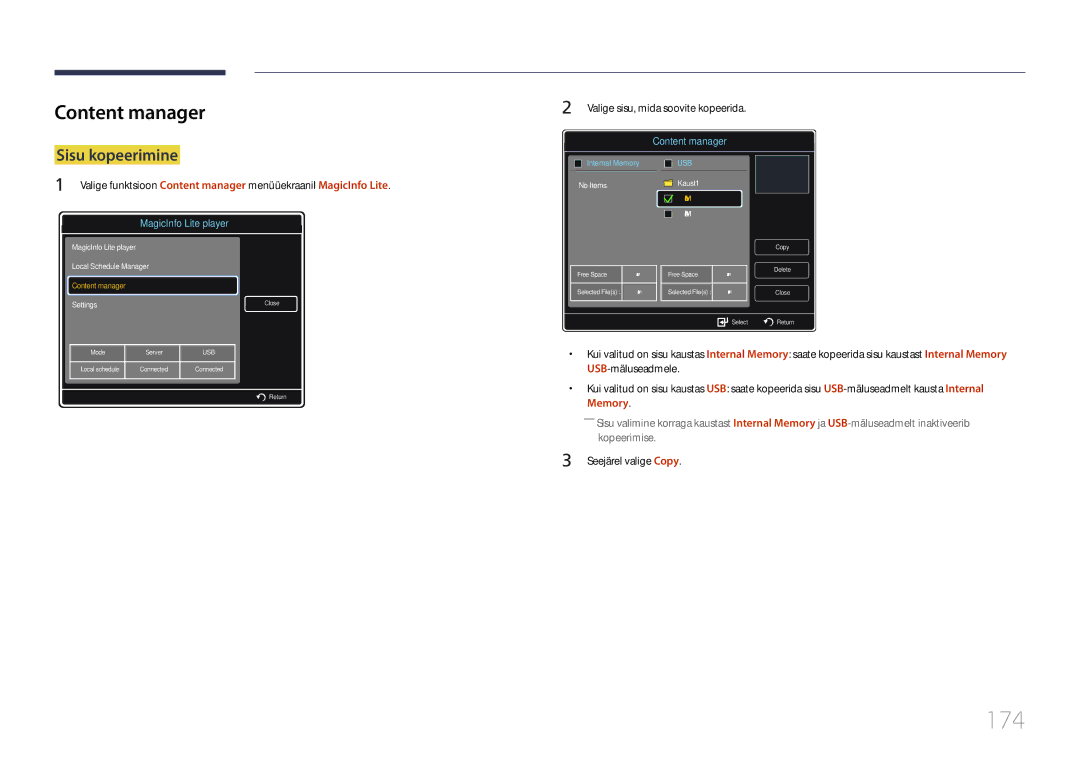 Samsung LH46UDCPLBB/EN manual 174, Content manager, Sisu kopeerimine, Seejärel valige Copy 