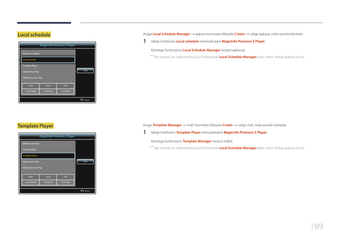 Samsung LH46UDCPLBB/EN manual 189, Template Player, Käivitage funktsioonis Template Manager loodud mallid 