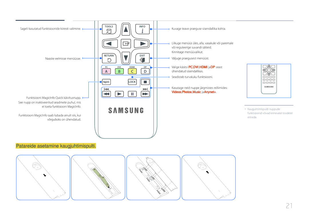 Samsung LH46UDCPLBB/EN manual Patareide asetamine kaugjuhtimispulti, Sageli kasutatud funktsioonide kiiresti valimine 