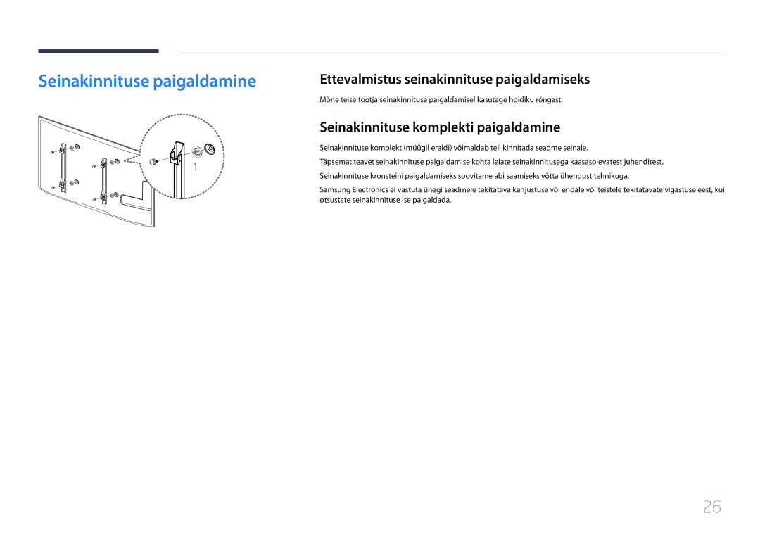 Samsung LH46UDCPLBB/EN manual Seinakinnituse paigaldamine, Ettevalmistus seinakinnituse paigaldamiseks 