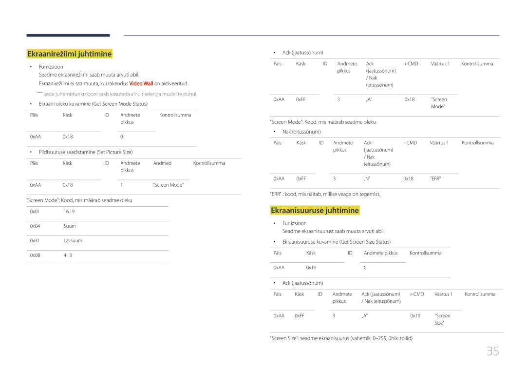 Samsung LH46UDCPLBB/EN manual Ekraanirežiimi juhtimine, Ekraanisuuruse juhtimine 