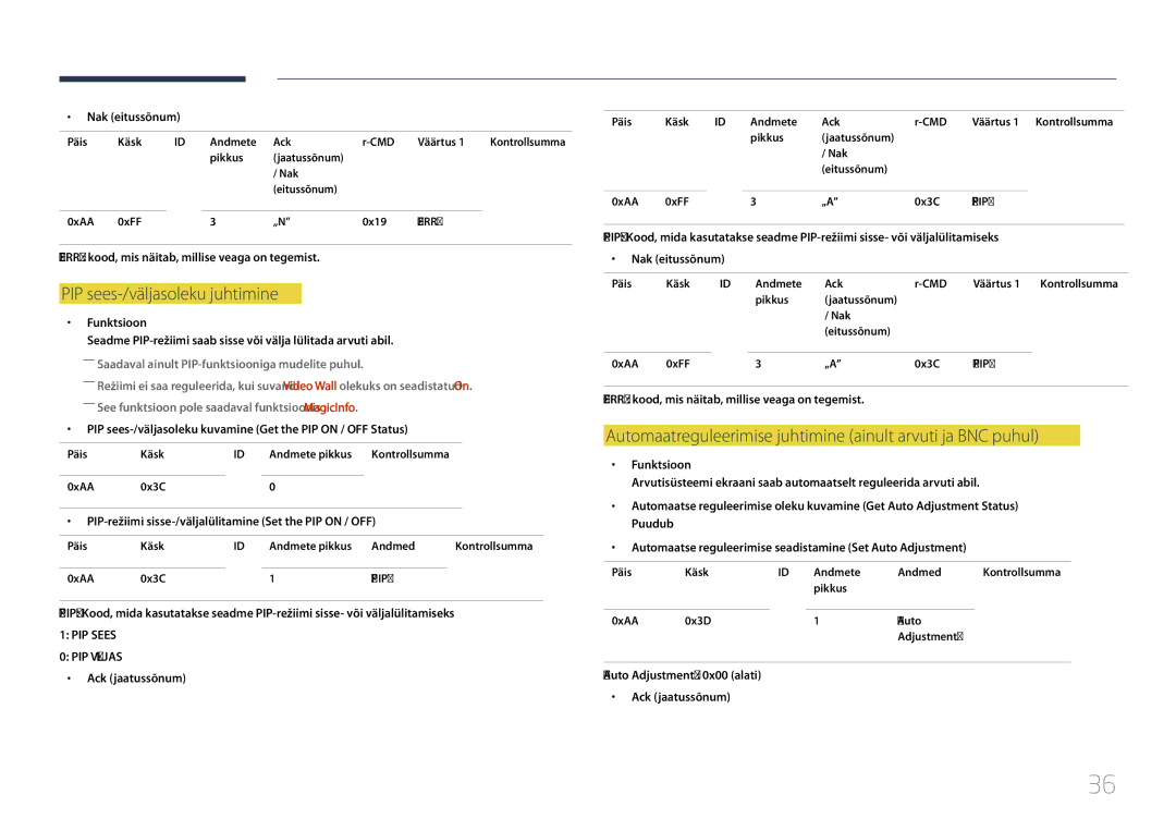 Samsung LH46UDCPLBB/EN manual PIP sees-/väljasoleku juhtimine, Automaatreguleerimise juhtimine ainult arvuti ja BNC puhul 