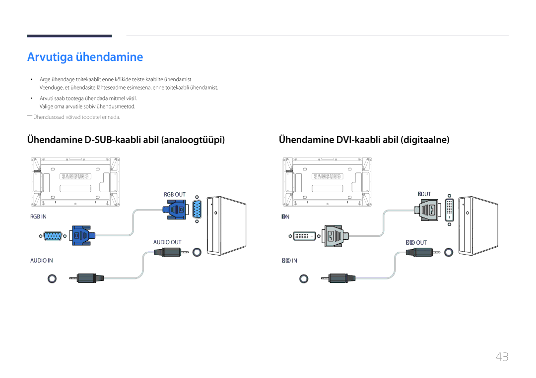 Samsung LH46UDCPLBB/EN manual Arvutiga ühendamine, Ühendamine D-SUB-kaabli abil analoogtüüpi 