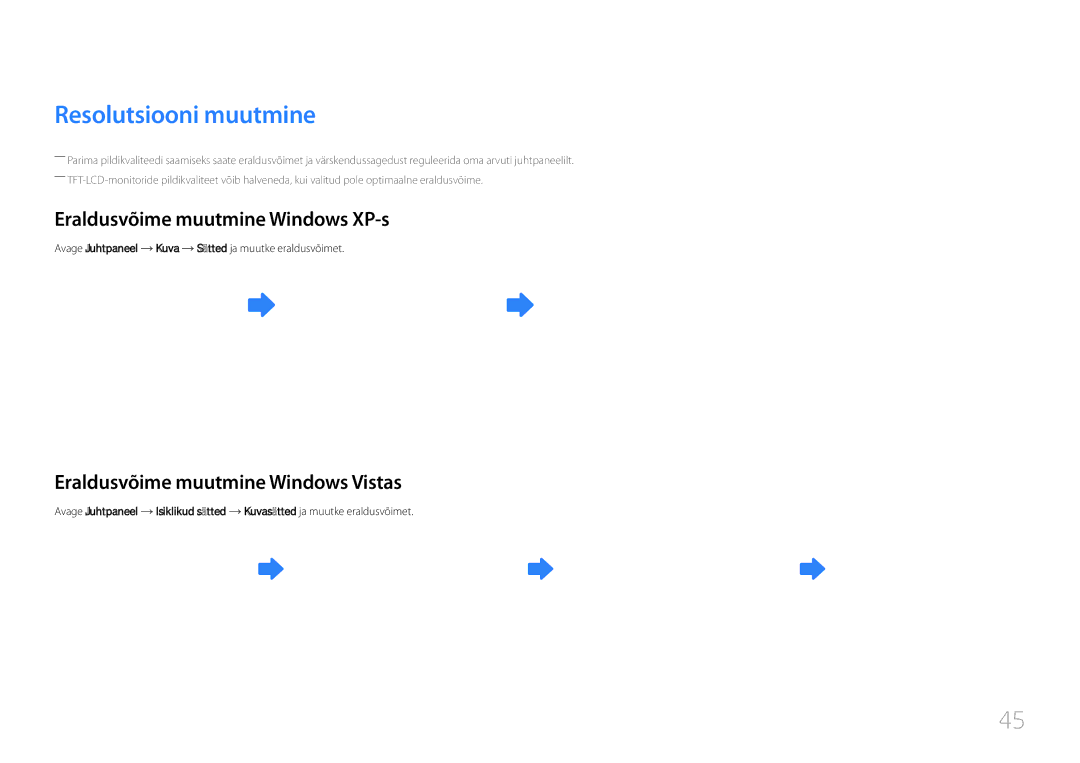 Samsung LH46UDCPLBB/EN Resolutsiooni muutmine, Eraldusvõime muutmine Windows XP-s, Eraldusvõime muutmine Windows Vistas 