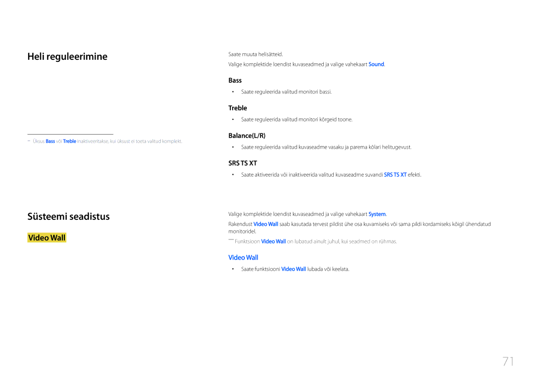 Samsung LH46UDCPLBB/EN manual Heli reguleerimine, Süsteemi seadistus, Saate reguleerida valitud monitori bassi 