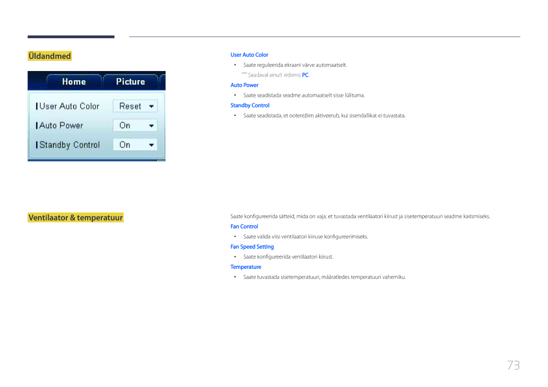 Samsung LH46UDCPLBB/EN manual Üldandmed Ventilaator & temperatuur 