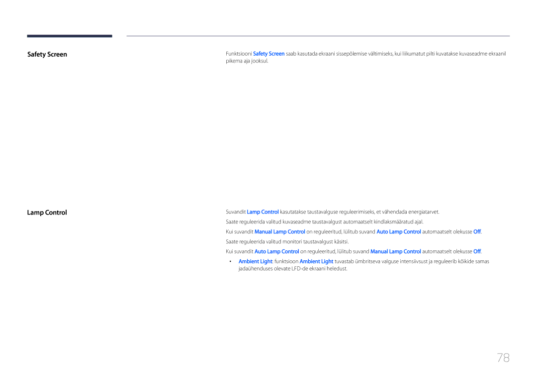 Samsung LH46UDCPLBB/EN manual Safety Screen Lamp Control 