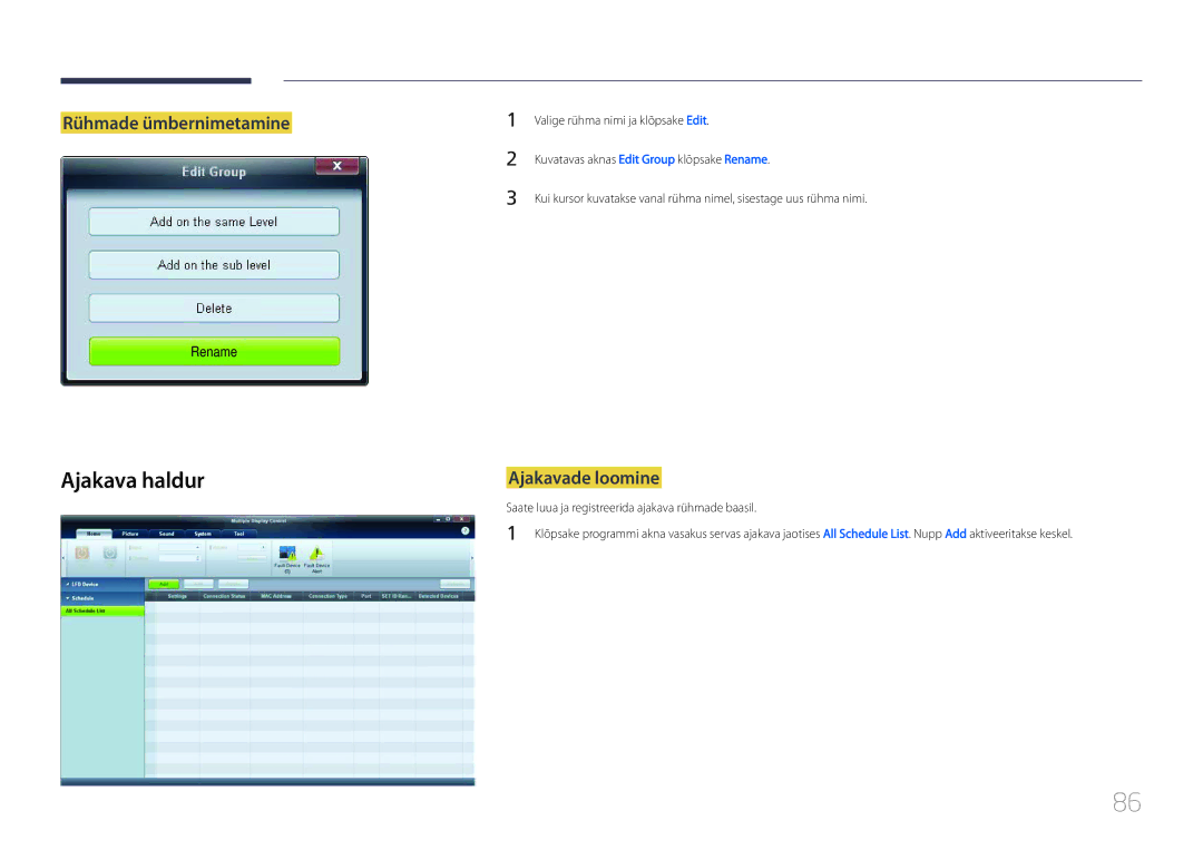 Samsung LH46UDCPLBB/EN manual Ajakava haldur, Rühmade ümbernimetamine, Ajakavade loomine 