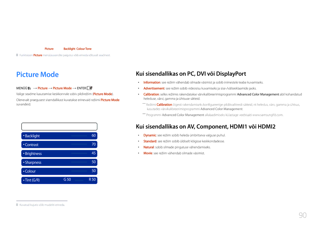 Samsung LH46UDCPLBB/EN manual Ekraani reguleerimine, Picture Mode, Kui sisendallikas on PC, DVI või DisplayPort 