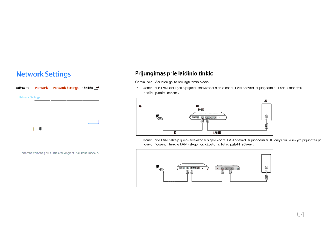 Samsung LH46UDCPLBB/EN manual „Network tinklas, Network Settings, 104, Prijungimas prie laidinio tinklo 