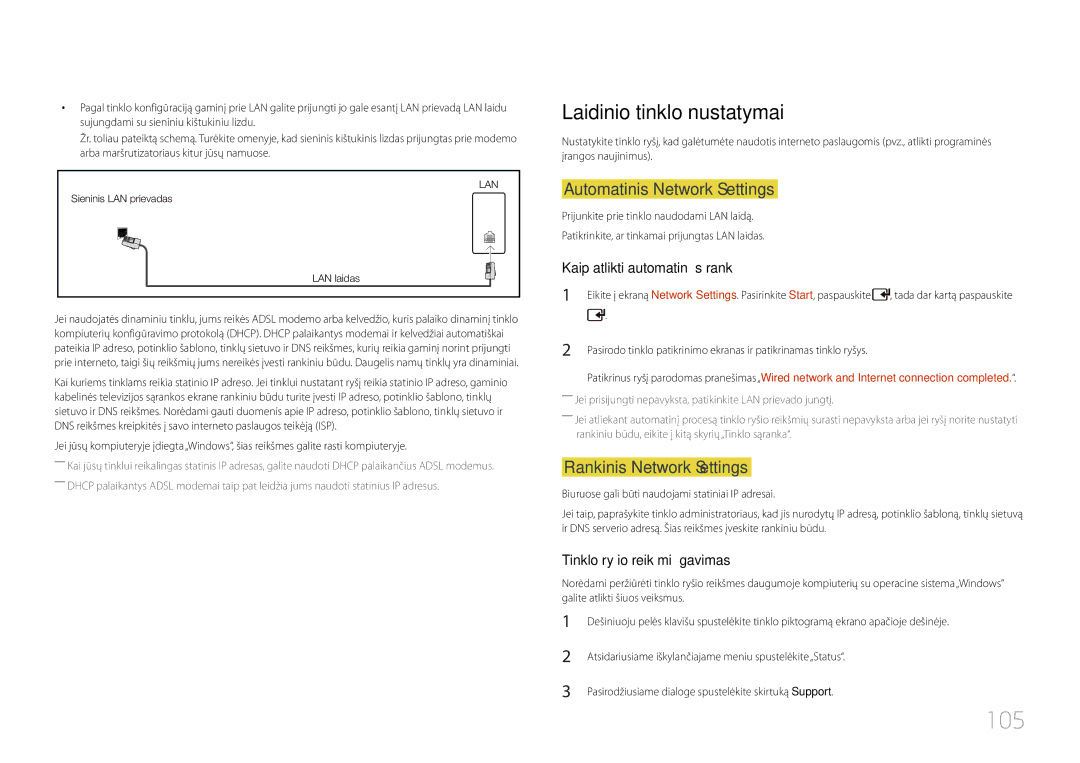 Samsung LH46UDCPLBB/EN manual 105, Laidinio tinklo nustatymai, Automatinis Network Settings, Rankinis Network Settings 