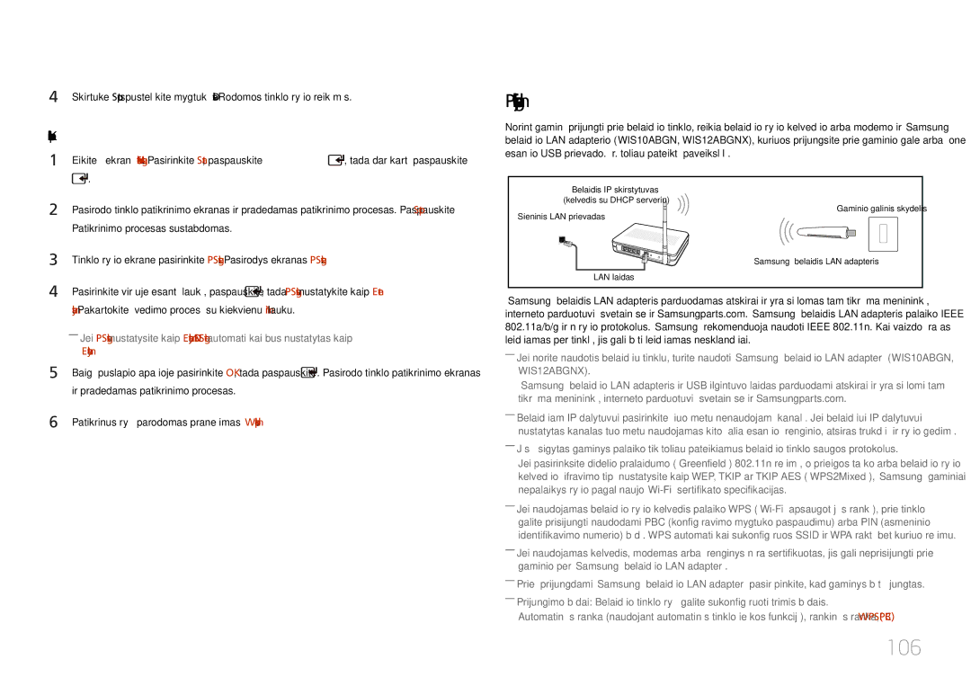 Samsung LH46UDCPLBB/EN 106, Prijungimas prie belaidžio tinklo, Tada IP Settings nustatykite kaip Enter, Enter manually 