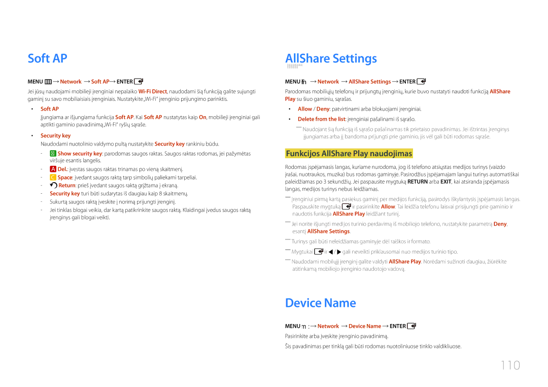 Samsung LH46UDCPLBB/EN manual Soft AP, AllShare Settings, Device Name, 110, Funkcijos AllShare Play naudojimas 