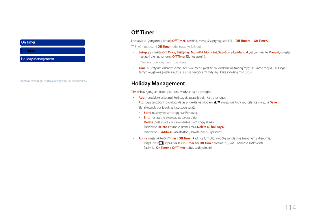 Samsung LH46UDCPLBB/EN manual 114, Holiday Management, Pasirinkti On Timer ir Off Timer nebus suaktyvinami 