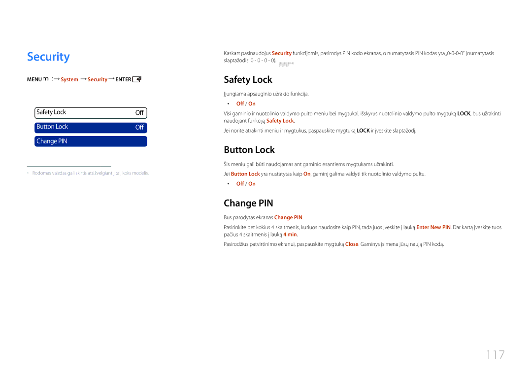 Samsung LH46UDCPLBB/EN manual Security, 117, Safety Lock, Button Lock, Change PIN 