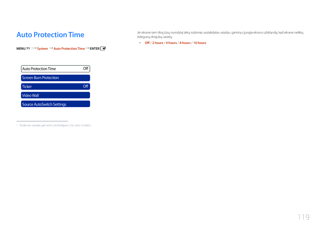 Samsung LH46UDCPLBB/EN 119, Menu m System Auto Protection Time Enter, Off / 2 hours / 4 hours / 8 hours / 10 hours 