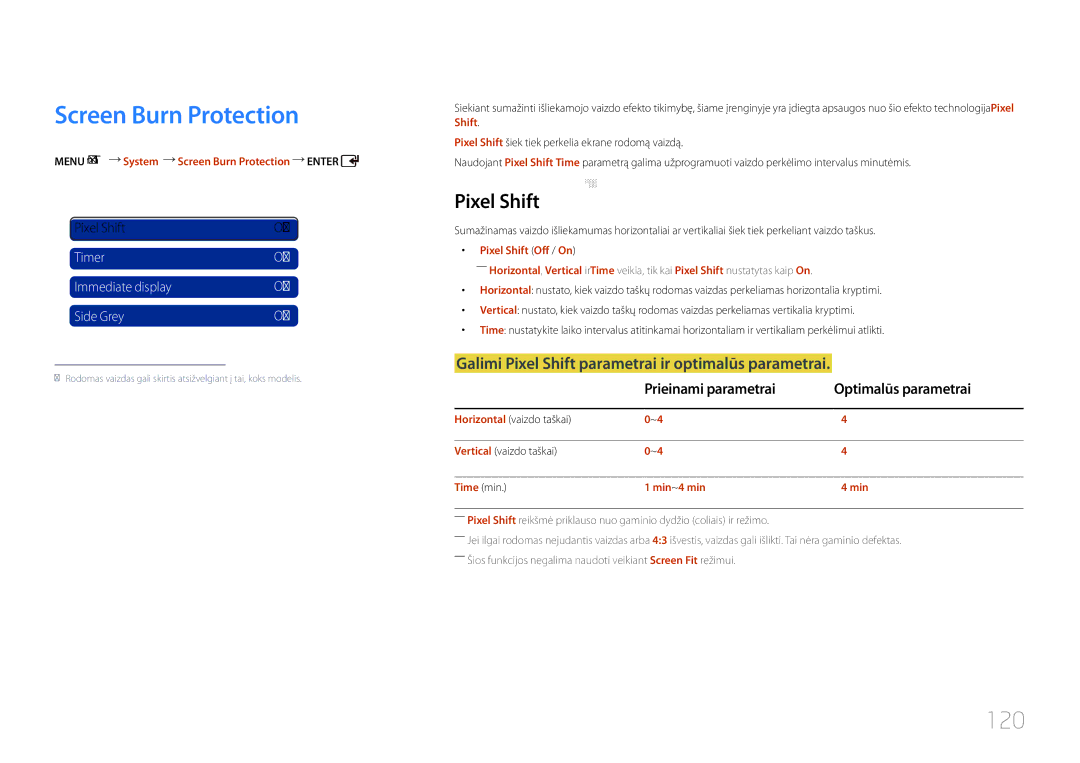 Samsung LH46UDCPLBB/EN manual Screen Burn Protection, 120, Galimi Pixel Shift parametrai ir optimalūs parametrai 