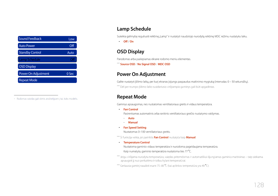 Samsung LH46UDCPLBB/EN manual 128, Lamp Schedule, OSD Display, Power On Adjustment, Repeat Mode 