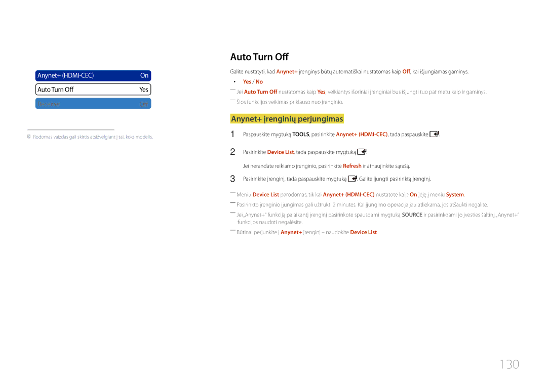 Samsung LH46UDCPLBB/EN manual 130, Auto Turn Off, Anynet+ įrenginių perjungimas, Yes / No 