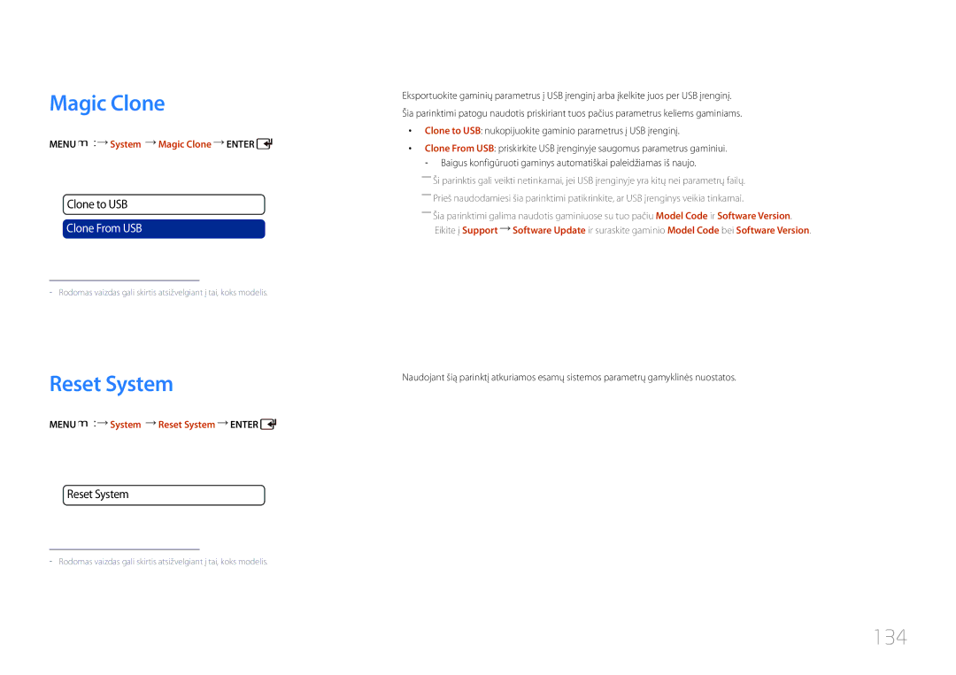 Samsung LH46UDCPLBB/EN manual 134, Menu m System Magic Clone Enter, Menu m System Reset System Enter 