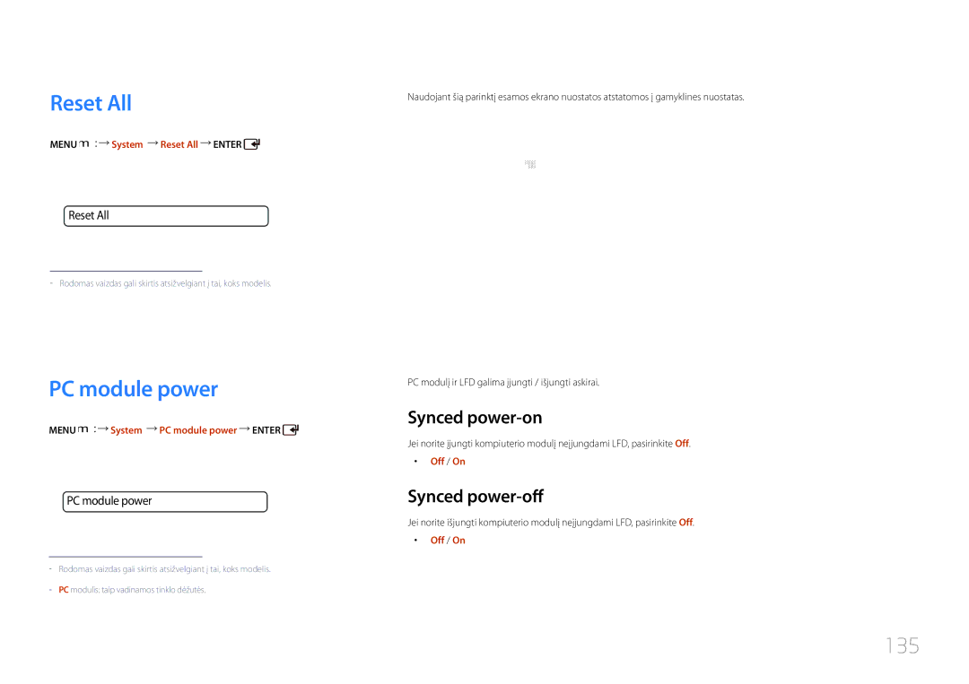 Samsung LH46UDCPLBB/EN manual Reset All, PC module power, 135, Synced power-on, Synced power-off 