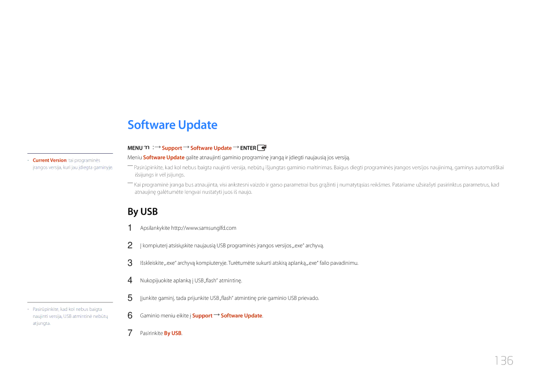 Samsung LH46UDCPLBB/EN manual Palaikymas, 136, By USB, Menu m Support Software Update Enter 
