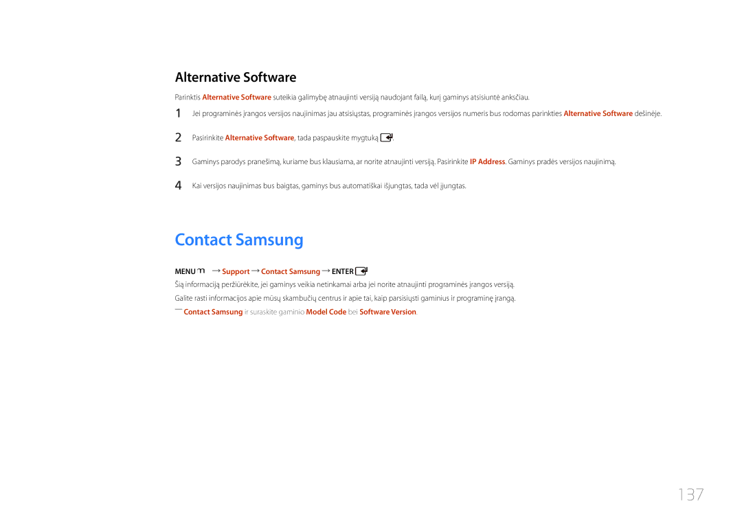 Samsung LH46UDCPLBB/EN manual 137, Alternative Software, Menu m Support Contact Samsung Enter 