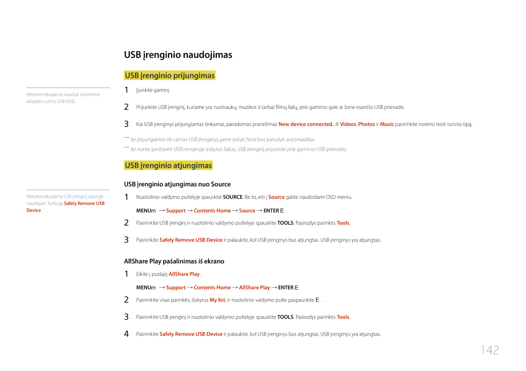 Samsung LH46UDCPLBB/EN manual 142, USB įrenginio naudojimas, USB įrenginio prijungimas, USB įrenginio atjungimas 