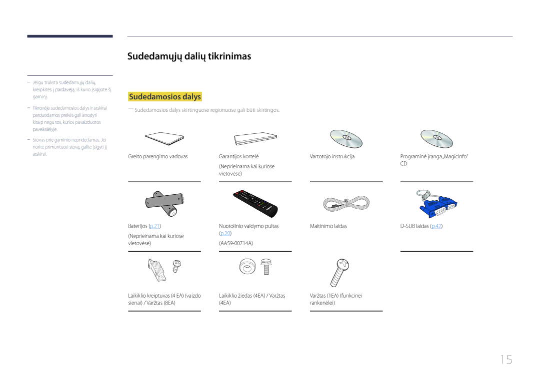 Samsung LH46UDCPLBB/EN manual Sudedamųjų dalių tikrinimas, Sudedamosios dalys, Varžtas 1EA funkcinei, 4EA Rankenėlei 