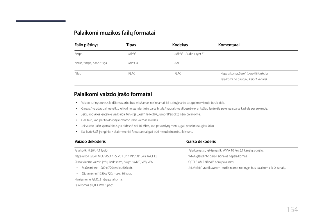 Samsung LH46UDCPLBB/EN manual 154, Palaikomi muzikos failų formatai, Palaikomi vaizdo įrašo formatai, Vaizdo dekoderis 