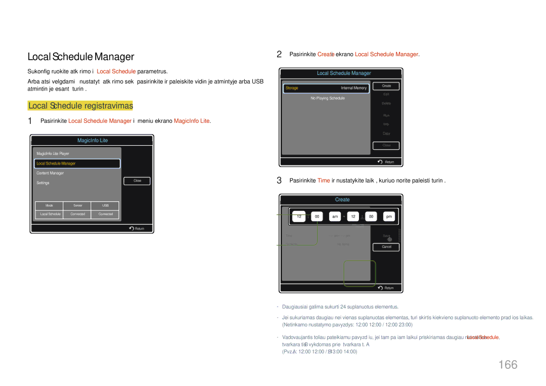 Samsung LH46UDCPLBB/EN manual 166, Local Schedule Manager, Local Schedule registravimas 