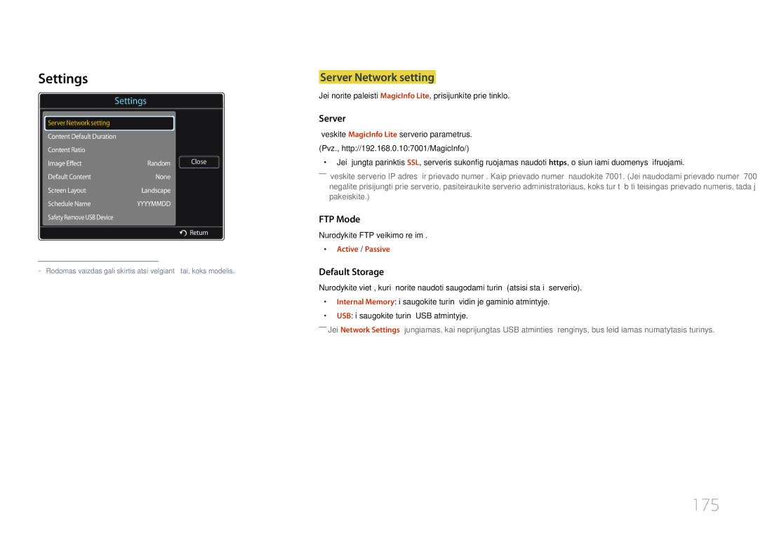 Samsung LH46UDCPLBB/EN manual 175, Settings, Server Network setting, Nurodykite FTP veikimo režimą, Active / Passive 