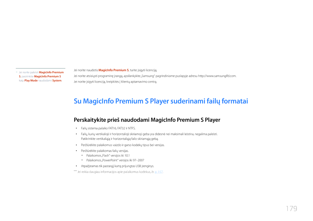 Samsung LH46UDCPLBB/EN manual Su MagicInfo Premium S Player suderinami failų formatai, 179 