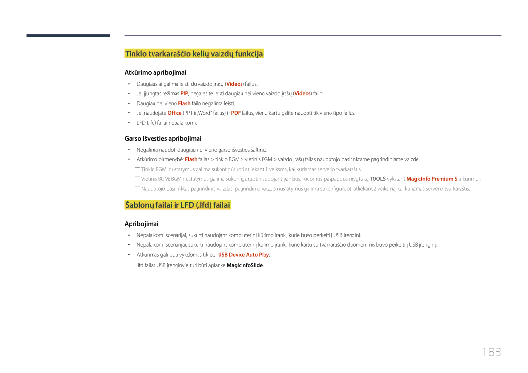 Samsung LH46UDCPLBB/EN manual 183, Tinklo tvarkaraščio kelių vaizdų funkcija, Šablonų failai ir LFD .lfd failai 