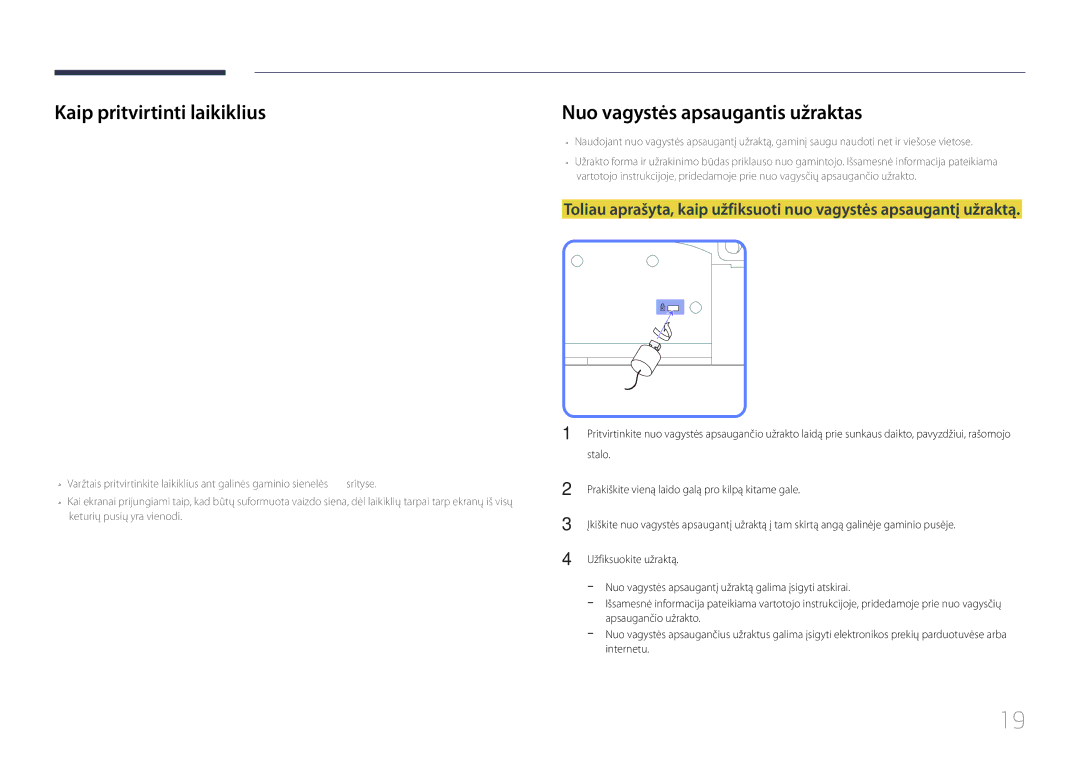 Samsung LH46UDCPLBB/EN manual Kaip pritvirtinti laikiklius, Nuo vagystės apsaugantis užraktas 