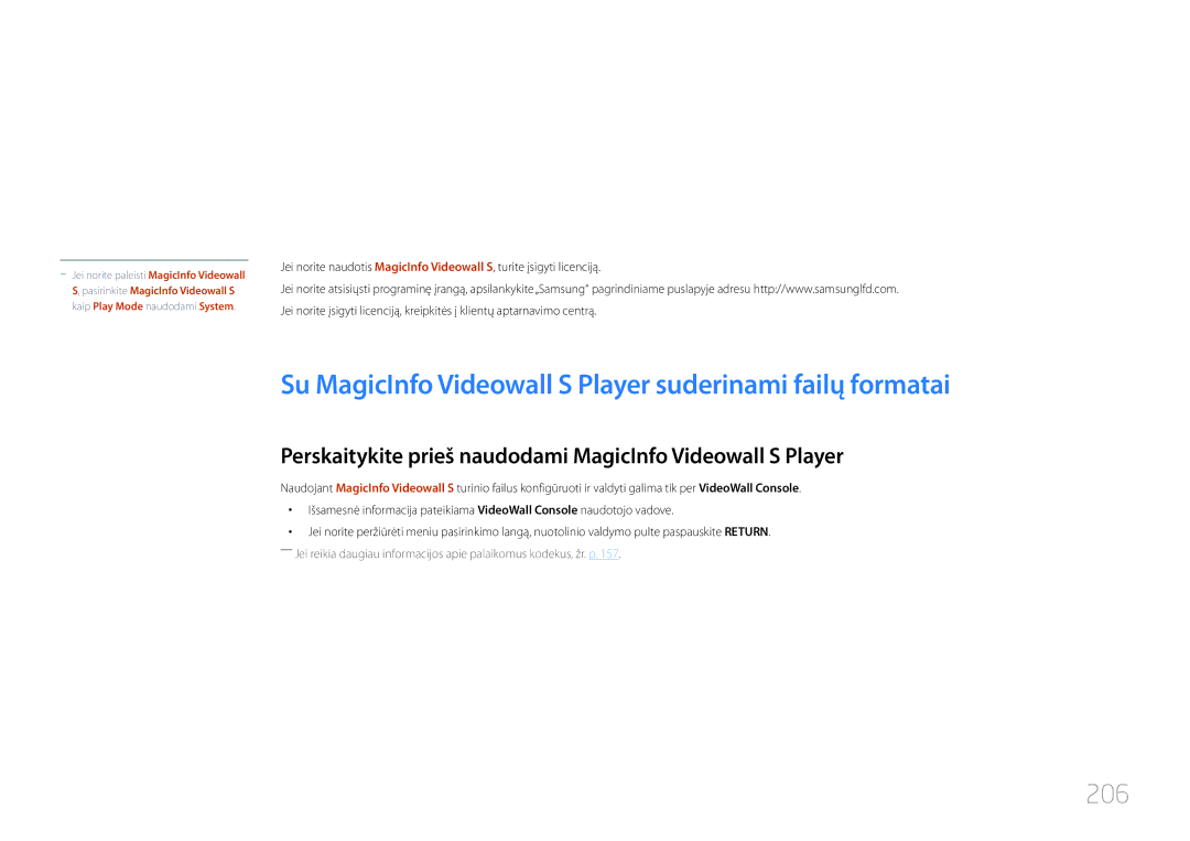 Samsung LH46UDCPLBB/EN manual Su MagicInfo Videowall S Player suderinami failų formatai, 206 