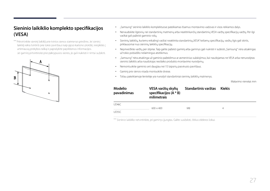 Samsung LH46UDCPLBB/EN manual Sieninio laikiklio komplekto specifikacijos Vesa, Modelio Vesa varžtų skylių, Pavadinimas 