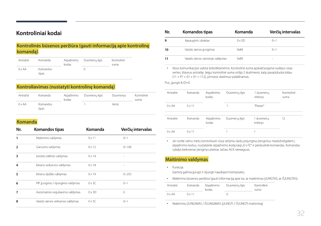 Samsung LH46UDCPLBB/EN manual Kontroliniai kodai, Kontroliavimas nustatyti kontrolinę komandą, Komanda, Maitinimo valdymas 