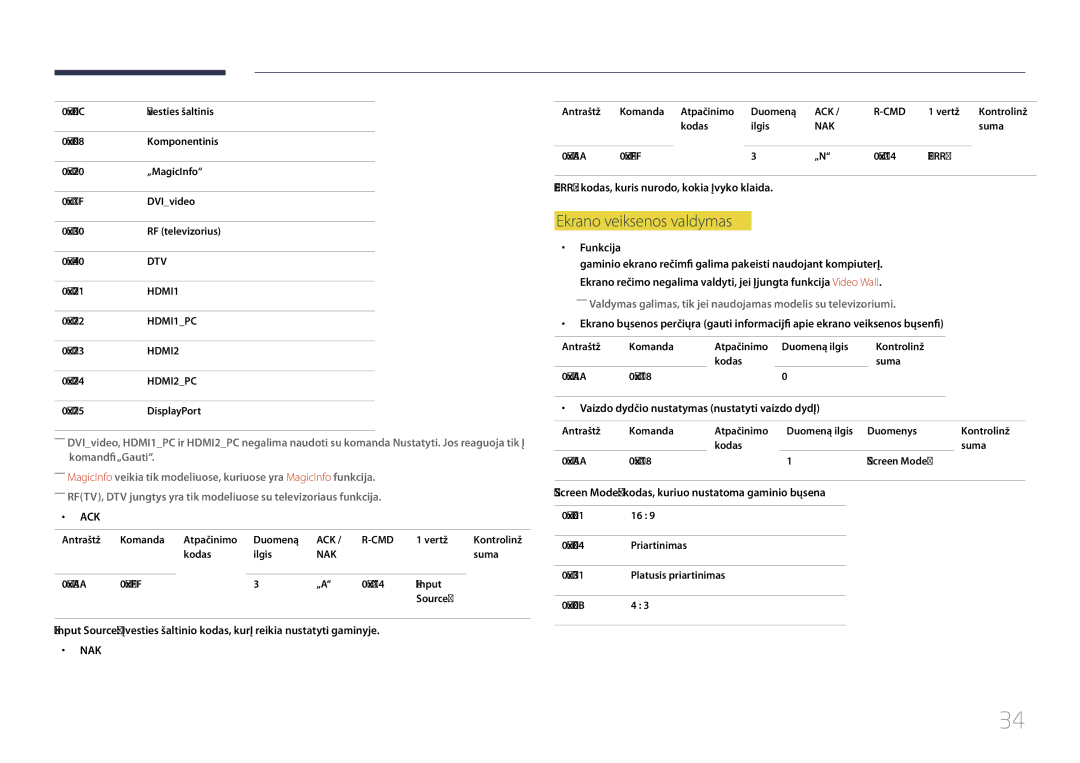 Samsung LH46UDCPLBB/EN manual Ekrano veiksenos valdymas, Funkcija, Vaizdo dydžio nustatymas nustatyti vaizdo dydį 