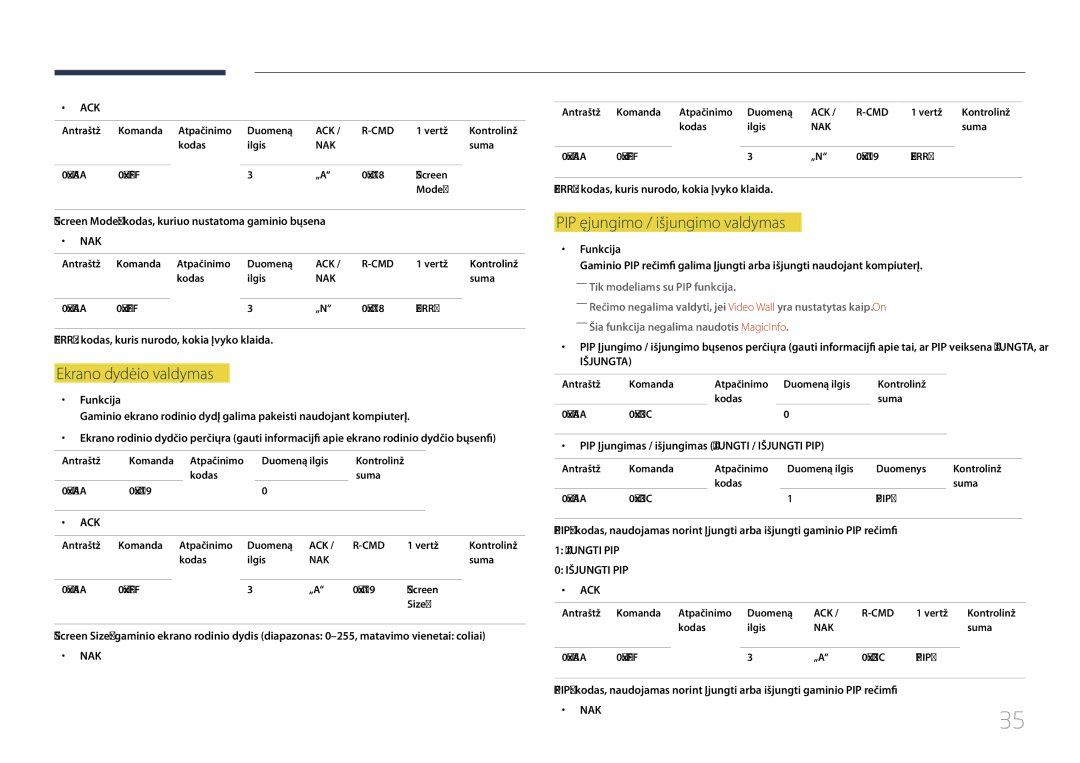 Samsung LH46UDCPLBB/EN manual Ekrano dydžio valdymas, PIP įjungimo / išjungimo valdymas 