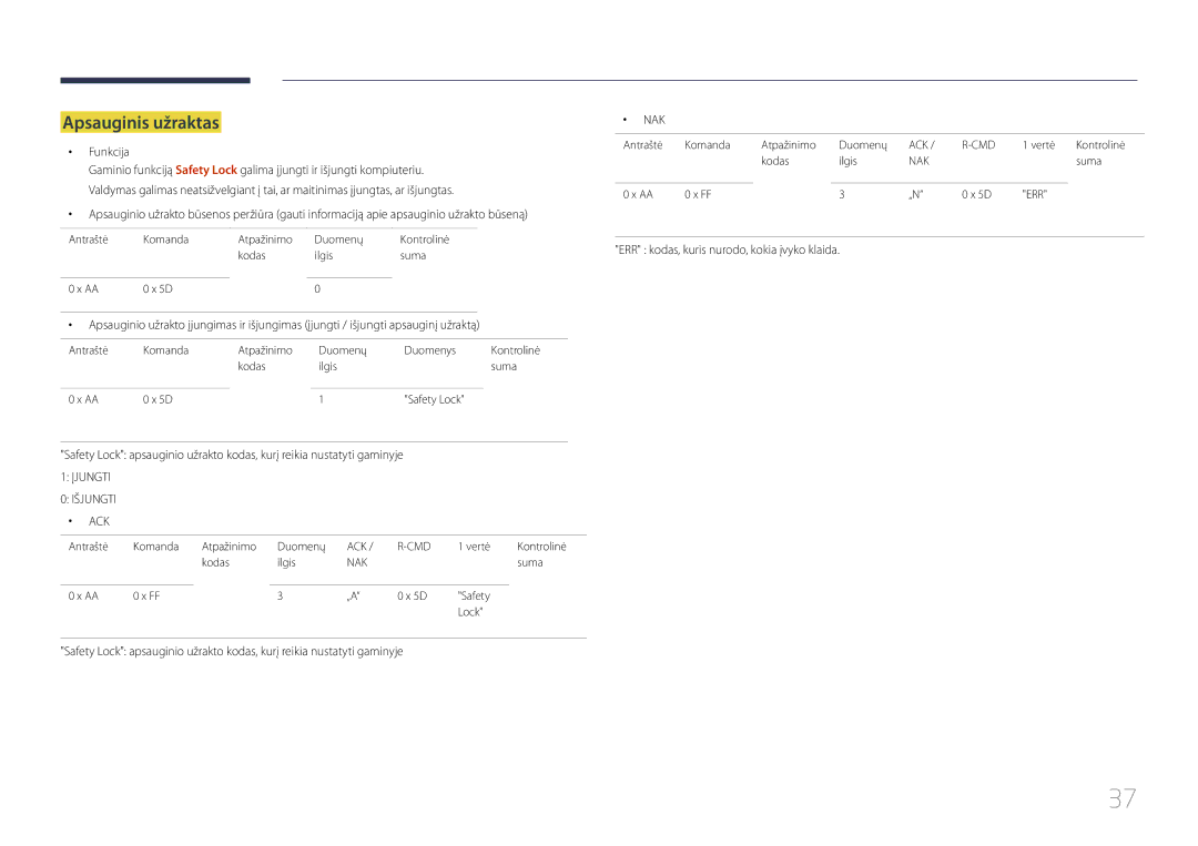 Samsung LH46UDCPLBB/EN manual Apsauginis užraktas, Įjungti Išjungti 