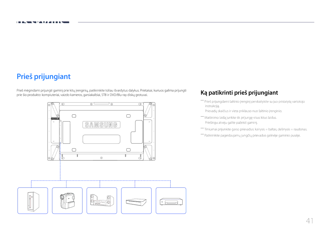 Samsung LH46UDCPLBB/EN Šaltinio įrenginio prijungimas ir naudojimas, Prieš prijungiant, Ką patikrinti prieš prijungiant 