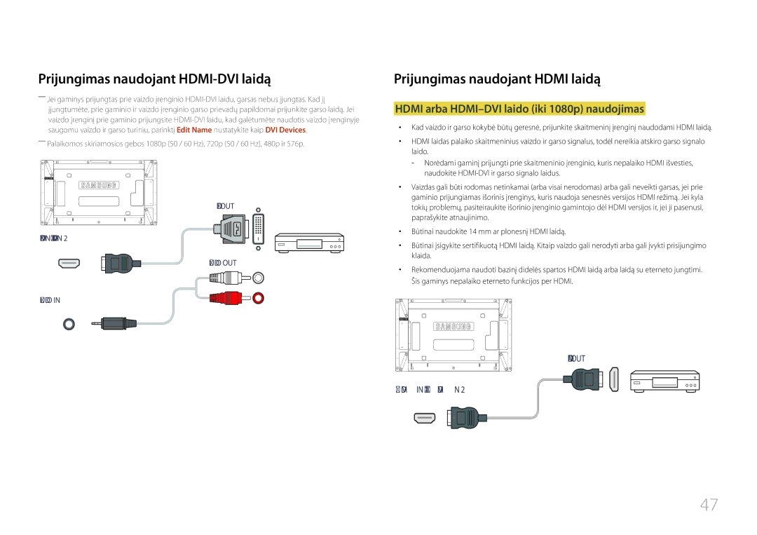 Samsung LH46UDCPLBB/EN manual Prijungimas naudojant HDMI-DVI laidą, Hdmi arba HDMI-DVI laido iki 1080p naudojimas 